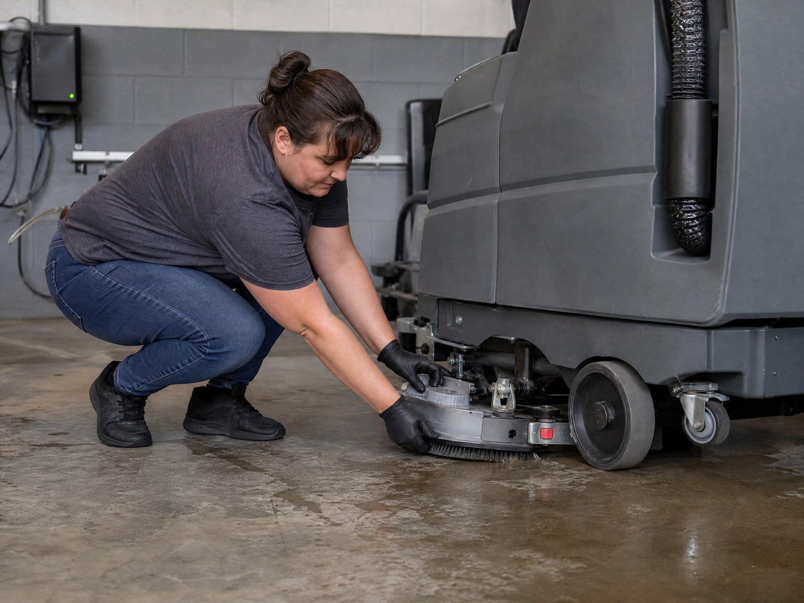Checking the brushes on a parked scrubber